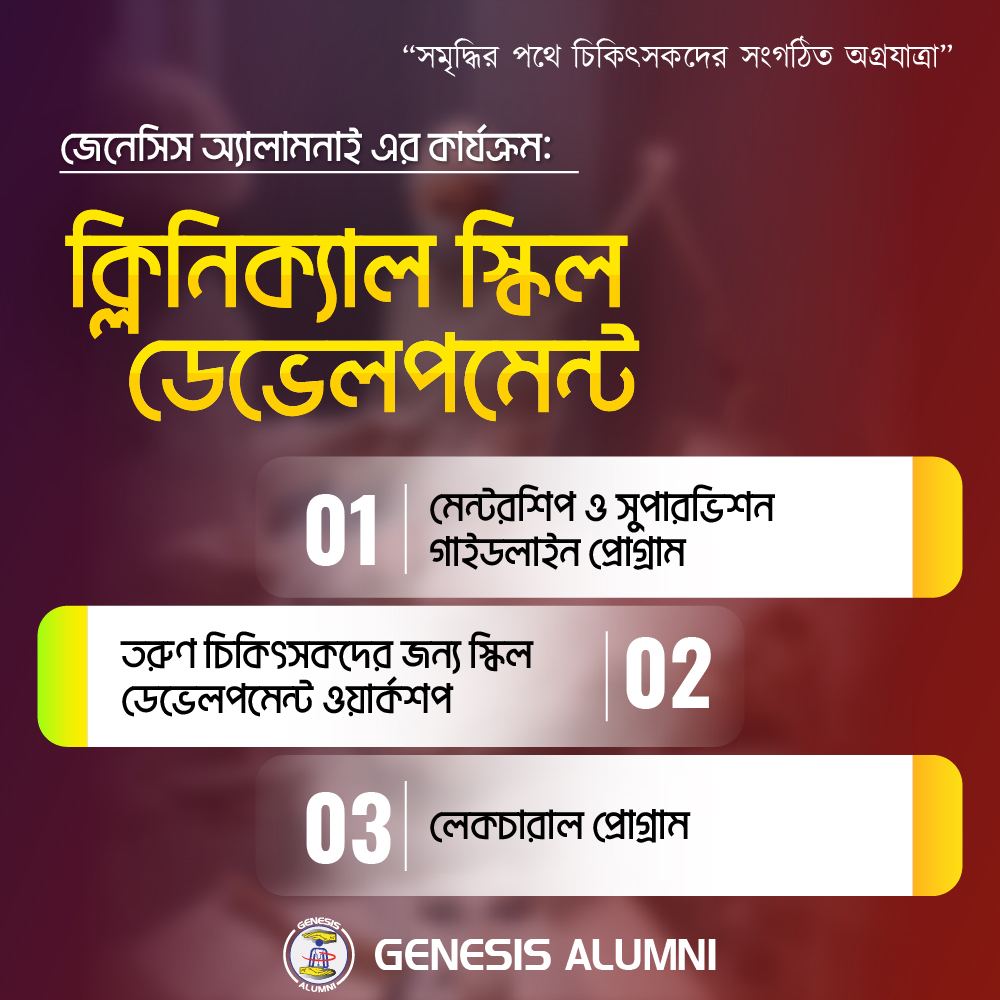 জেনেসিস অ্যালামনাই এর প্ল্যান "ক্লিনিক্যাল স্কিল ডেভেলেপমেন্ট" কার্যক্রম পরিচালনা করার মাধ্যমে স্বাস্থ্য বিষয়ক গাইডলাইন প্রোগ্রাম,স্কিল ডেভেলেপমেন্ট ওয়ার্কশপ ও লেকচার প্রোগ্রাম বাস্তবায়ন করা।